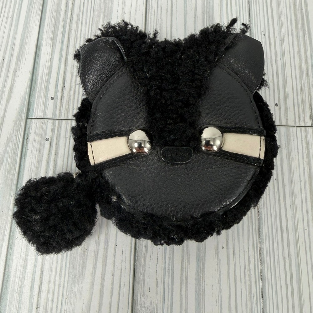 Coach Raccoon Coin Purse Black Pebbled Leather Shearling Pom Pom Wallet - Picture 3 of 7
